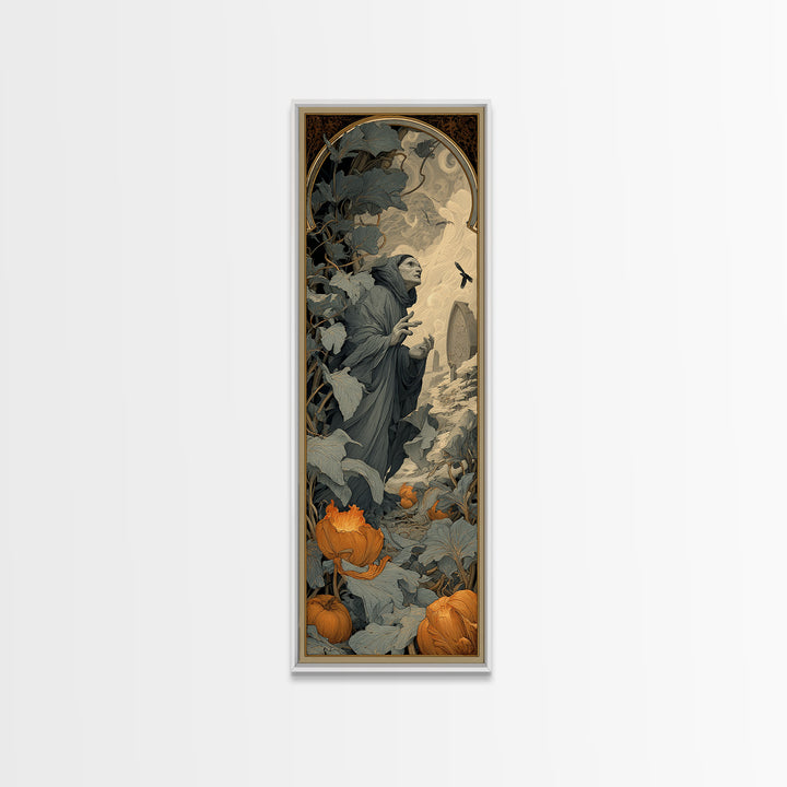 The Pumpkin Patch Maze, Symbolist Death Art, Tall Narrow Wall Art, Dark Fantasy Wall Art, Canvas Print, Halloween Wall Art
