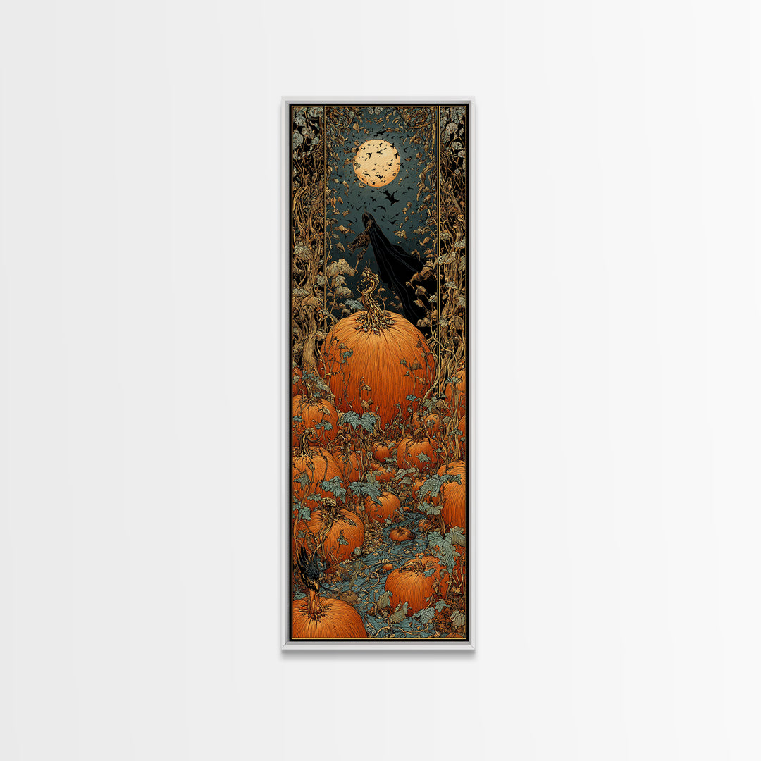 The Pumpkin Patch Maze, Stained Glass Gothic Art, Tall Narrow Wall Art, Gothic Horror Wall Art, Framed Canvas Print, Halloween Wall Art