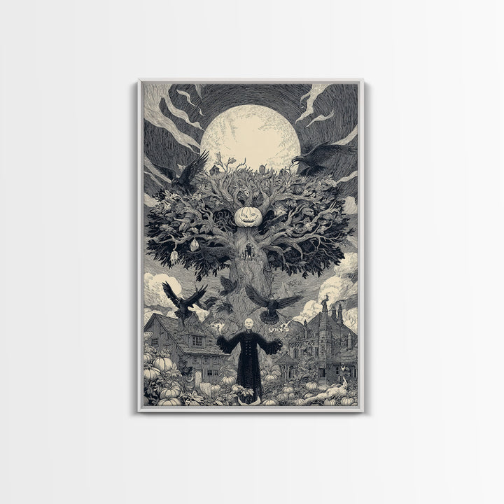 The Pumpkin Patch Maze, Victorian Macabre Art, Vertical Wall Art, Dark Halloween Decor, Framed Canvas Print, Halloween Wall Art