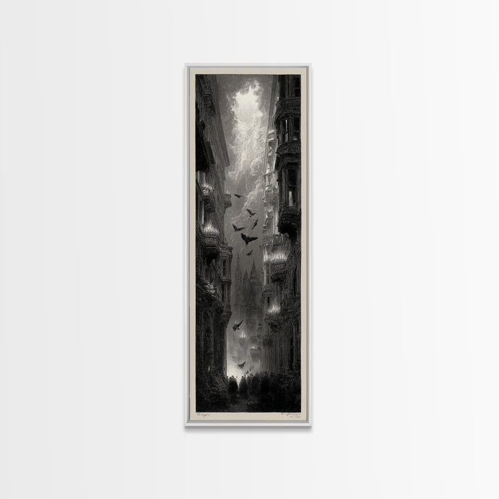 The Haunted Hotel, Gothic Engraving Art, Tall Narrow Wall Art, Dark Halloween Decor, Canvas Print, Halloween Wall Art, Macabre Wall Art