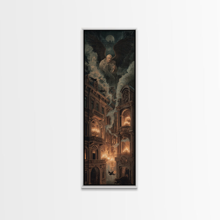 The Haunted Hotel, Visionary Gothic Art, Tall Narrow Wall Art, Dark Halloween Decor, Framed Canvas Print, Halloween Wall Art