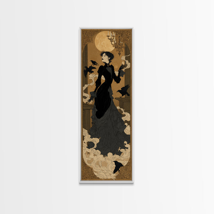 The Haunted Hotel, Decadent Line Art, Tall Narrow Wall Art, Dark Fantasy Wall Art, Framed Canvas Print, Halloween Wall Art