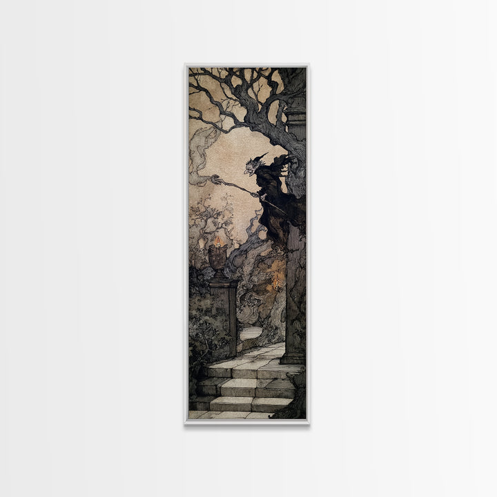 The Haunted Hotel, Gothic Storybook Art, Tall Narrow Wall Art, Gothic Horror Wall Art, Framed Canvas Print, Halloween Wall Art