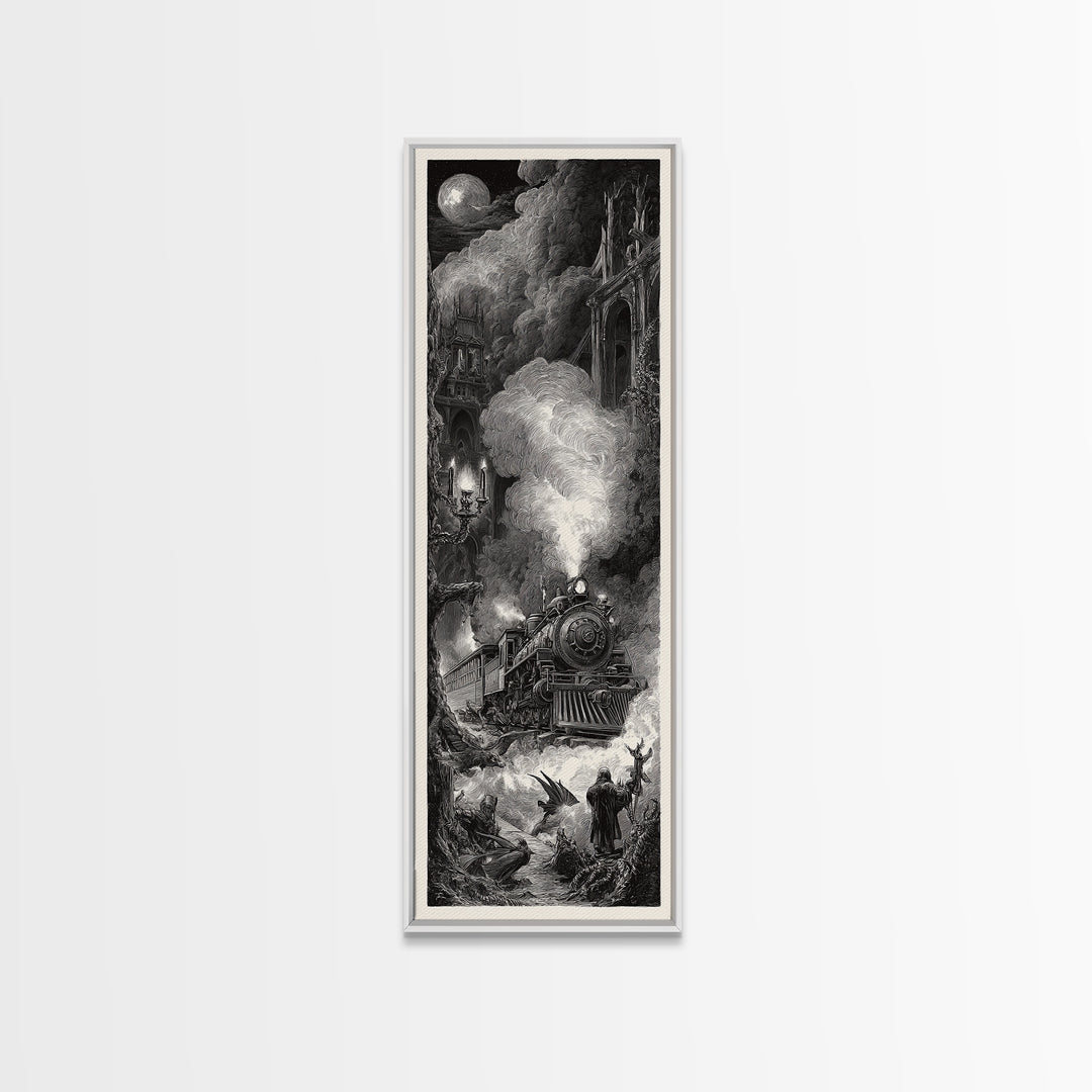 The Abandoned Train Station, Gothic Engraving Art, Tall Narrow Wall Art, Dark Halloween Decor, Canvas Print, Halloween Wall Art
