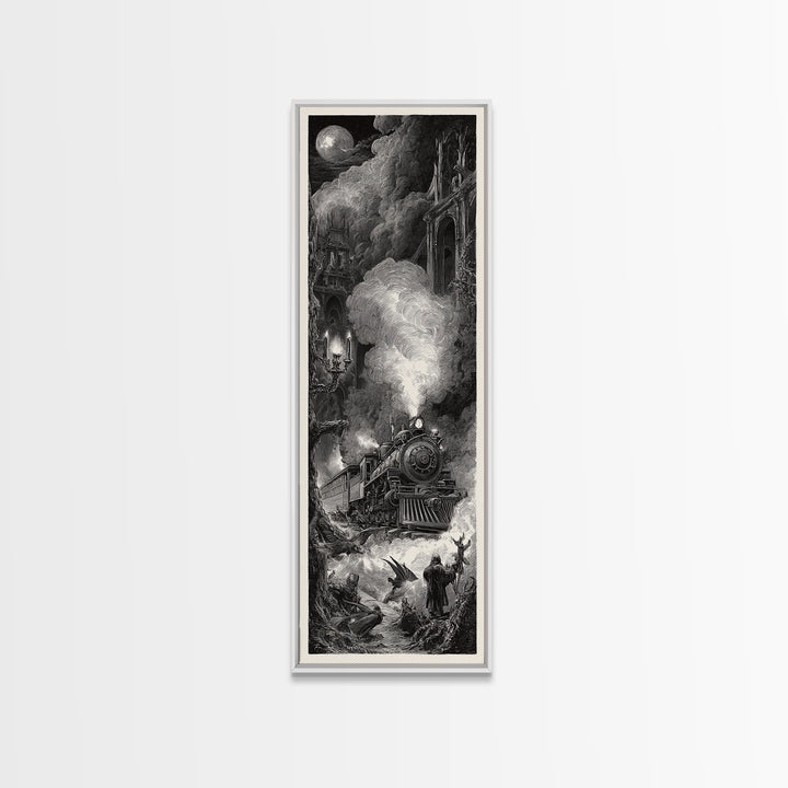 The Abandoned Train Station, Gothic Engraving Art, Tall Narrow Wall Art, Dark Halloween Decor, Canvas Print, Halloween Wall Art