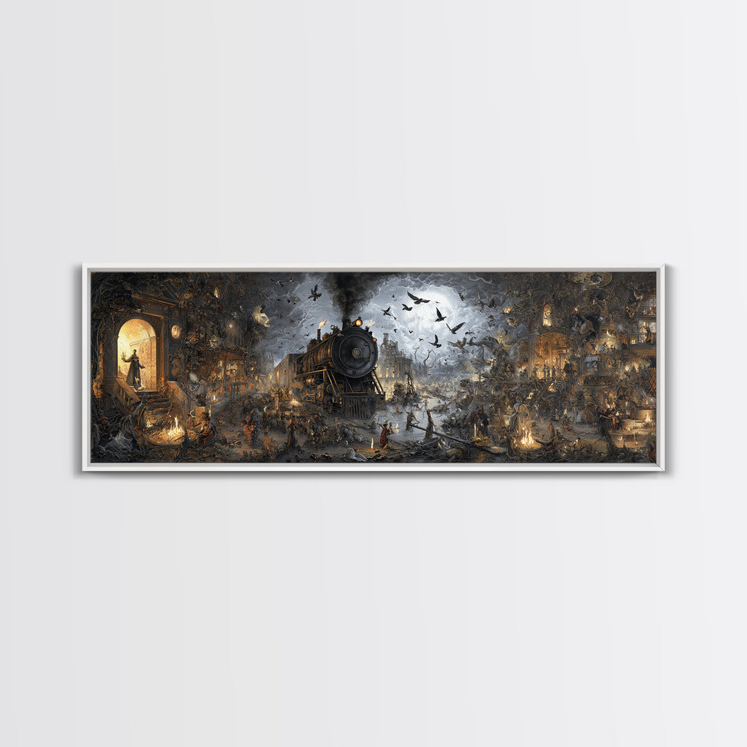 The Abandoned Train Station, Medieval Grotesque Art, Extra Wide Wall Art, Dark Halloween Decor, Canvas Print, Halloween Wall Art