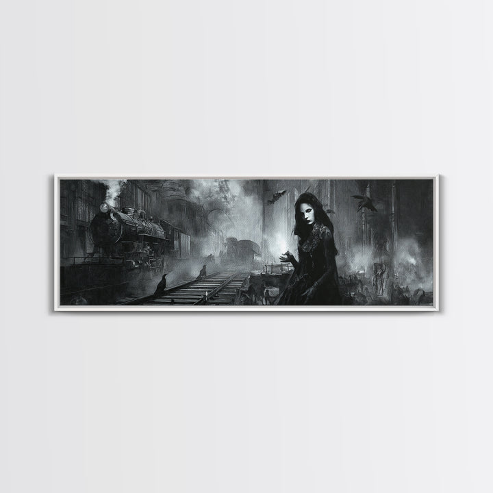 The Abandoned Train Station, Renaissance Engraving Art, Extra Wide Wall Art, Dark Halloween Decor, Canvas Print, Halloween Wall Art