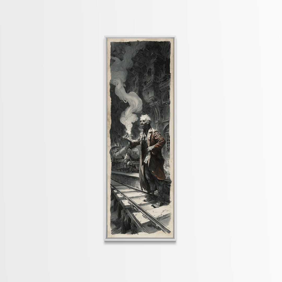 The Abandoned Train Station, Architectural Etching Art, Tall Narrow Wall Art, Gothic Horror Wall Art, Canvas Print