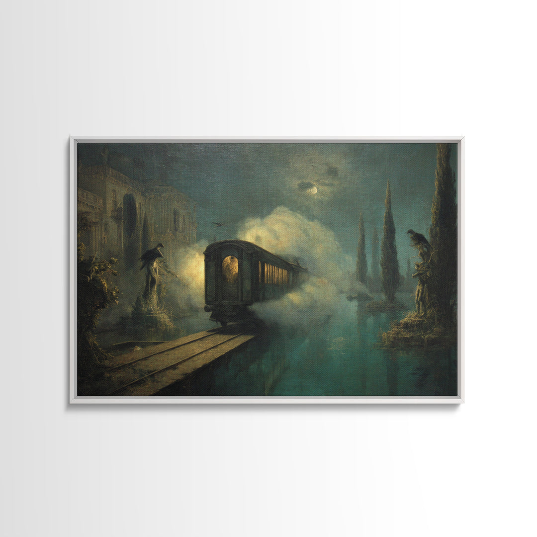 The Abandoned Train Station, Symbolist Gothic Landscape, Landscape Wall Art, Dark Halloween Decor, Framed Canvas Print, Halloween Wall Art
