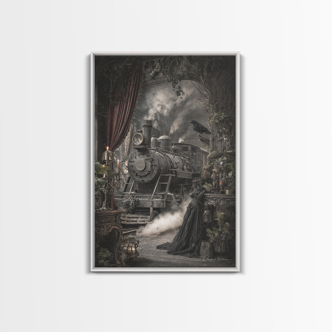 The Abandoned Train Station, Ornate Symbolist Art, Vertical Wall Art, Macabre Wall Art, Canvas Print, Halloween Wall Art