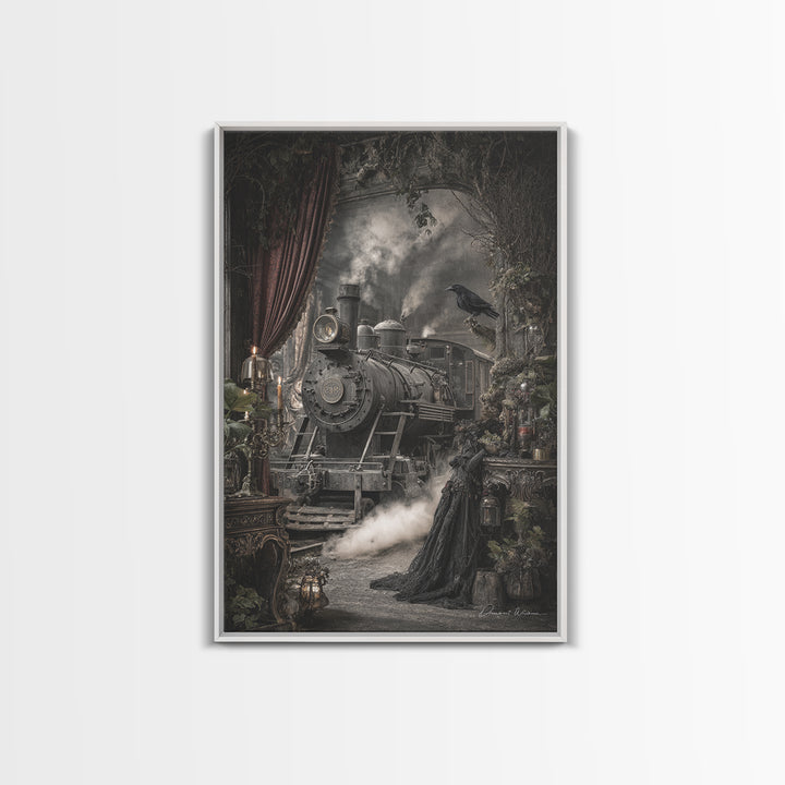 The Abandoned Train Station, Ornate Symbolist Art, Vertical Wall Art, Macabre Wall Art, Canvas Print, Halloween Wall Art