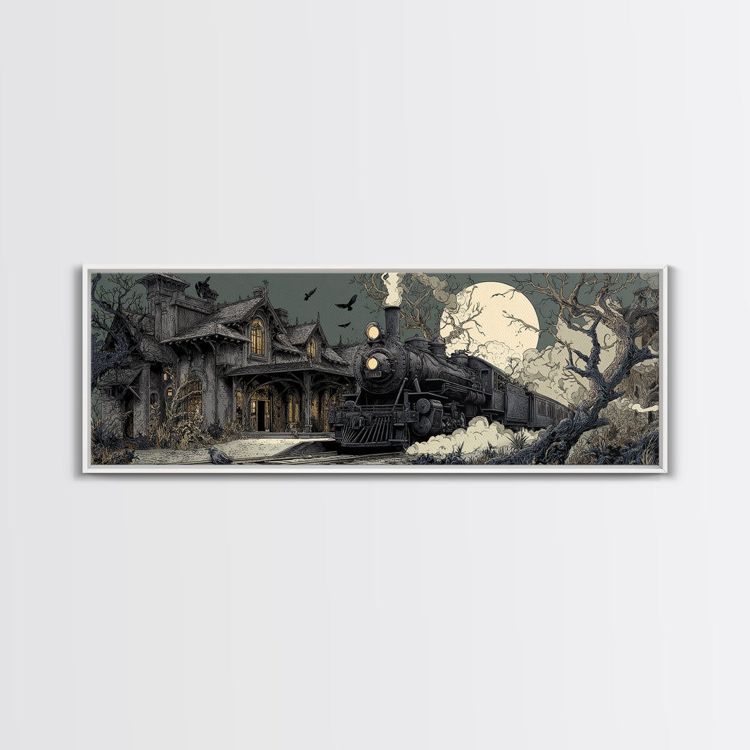 The Abandoned Train Station, Victorian Macabre Art, Extra Wide Wall Art, Dark Halloween Decor, Framed Canvas Print, Halloween Wall Art