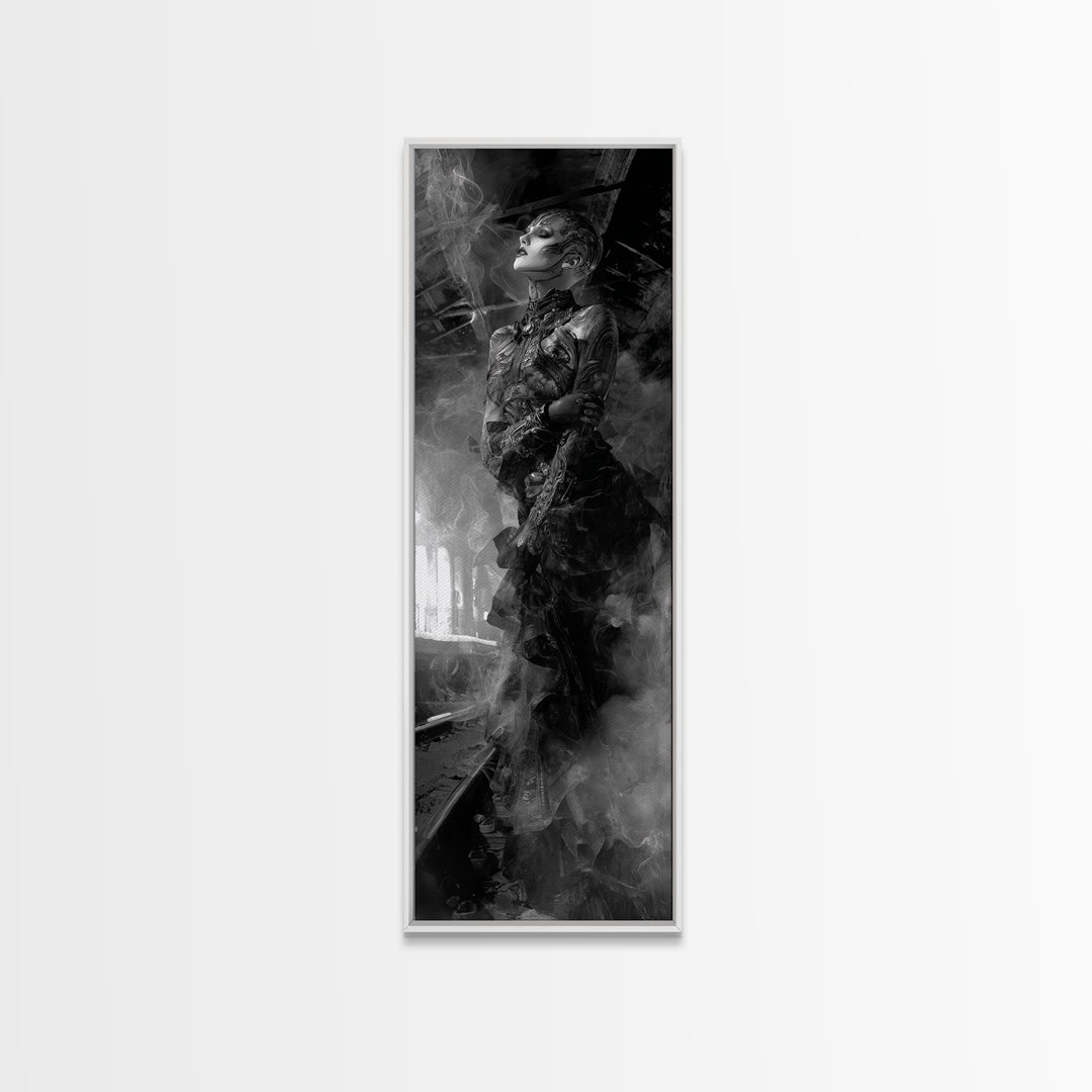 The Abandoned Train Station, Biomechanical Horror Art, Tall Narrow Wall Art, Macabre Wall Art, Framed Canvas Print, Halloween Wall Art