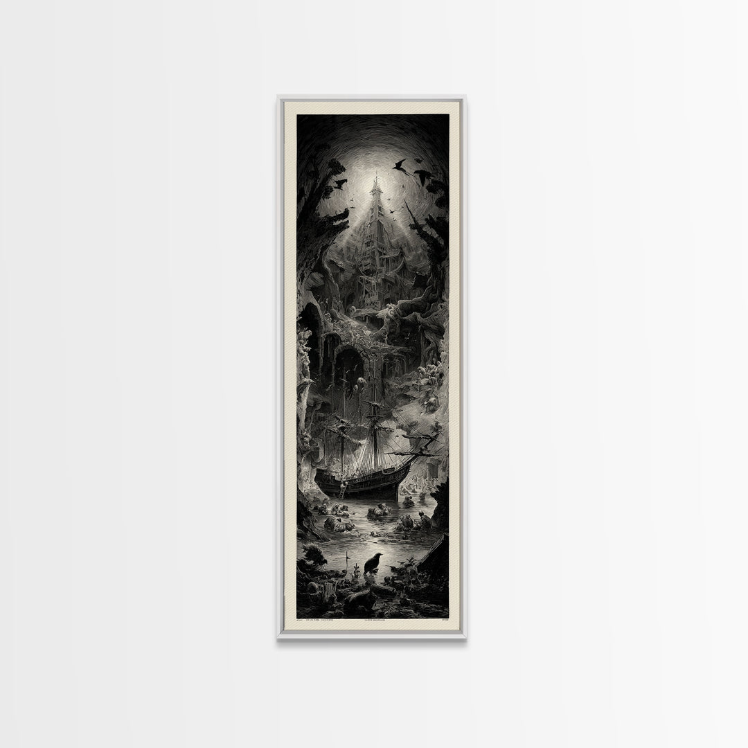 The Shipwreck Cove, Gothic Engraving Art, Tall Narrow Wall Art, Dark Fantasy Wall Art, Canvas Print, Halloween Wall Art
