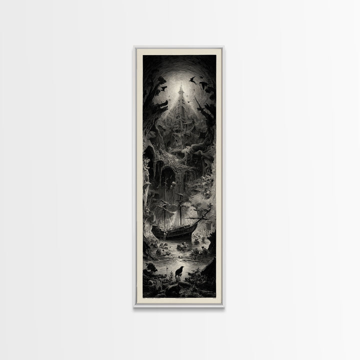 The Shipwreck Cove, Gothic Engraving Art, Tall Narrow Wall Art, Dark Fantasy Wall Art, Canvas Print, Halloween Wall Art