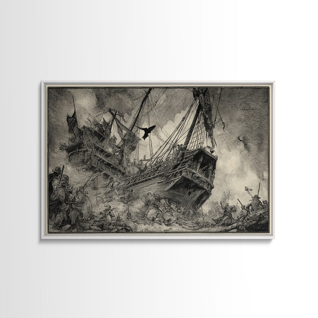 The Shipwreck Cove, Renaissance Engraving Art, Landscape Wall Art, Dark Halloween Decor, Canvas Print, Halloween Wall Art