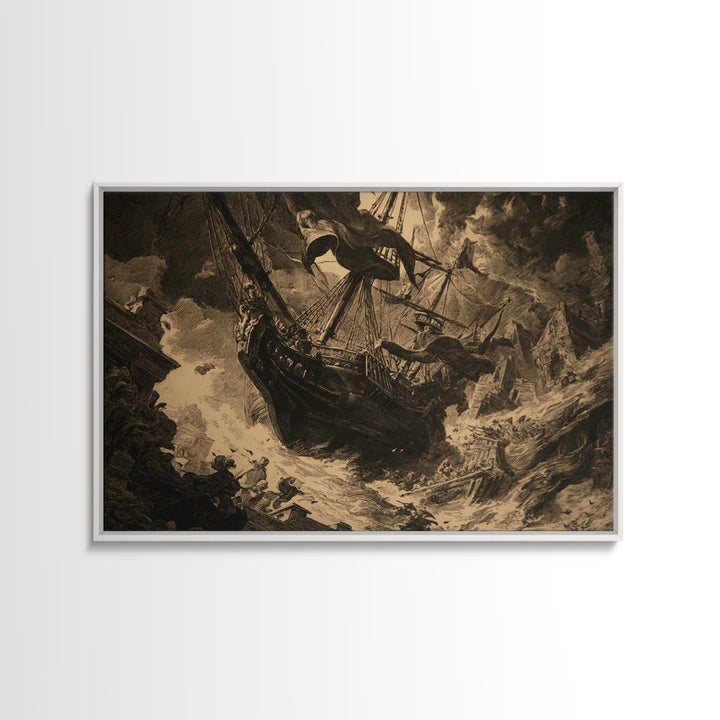 The Shipwreck Cove, Architectural Etching Art, Landscape Wall Art, Dark Halloween Decor, Framed Canvas Print, Macabre Wall Art