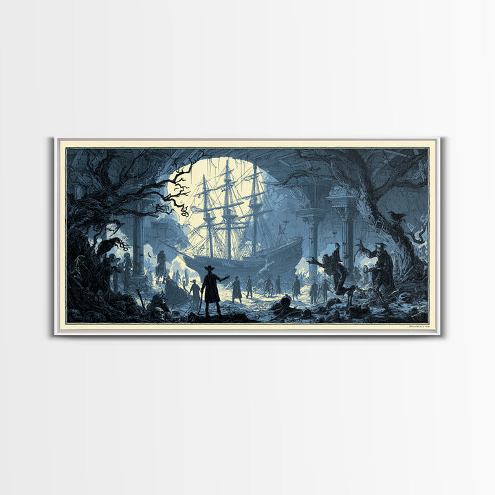The Shipwreck Cove, Macabre Folk Print Art, Wide Panoramic Art, Macabre Wall Art, Framed Canvas Print, Halloween Wall Art