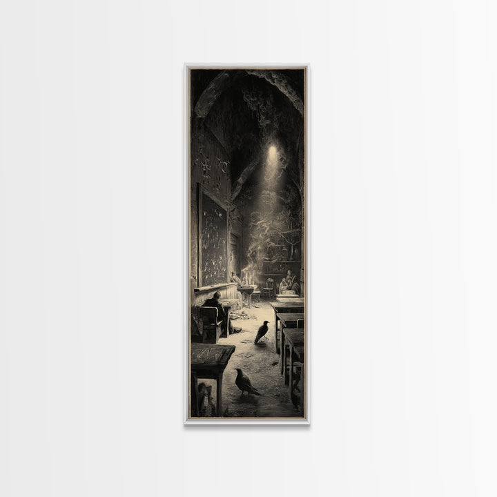 The Silent Schoolhouse, Gothic Engraving Art, Tall Narrow Wall Art, Gothic Horror Wall Art, Framed Canvas Print, Halloween Wall Art