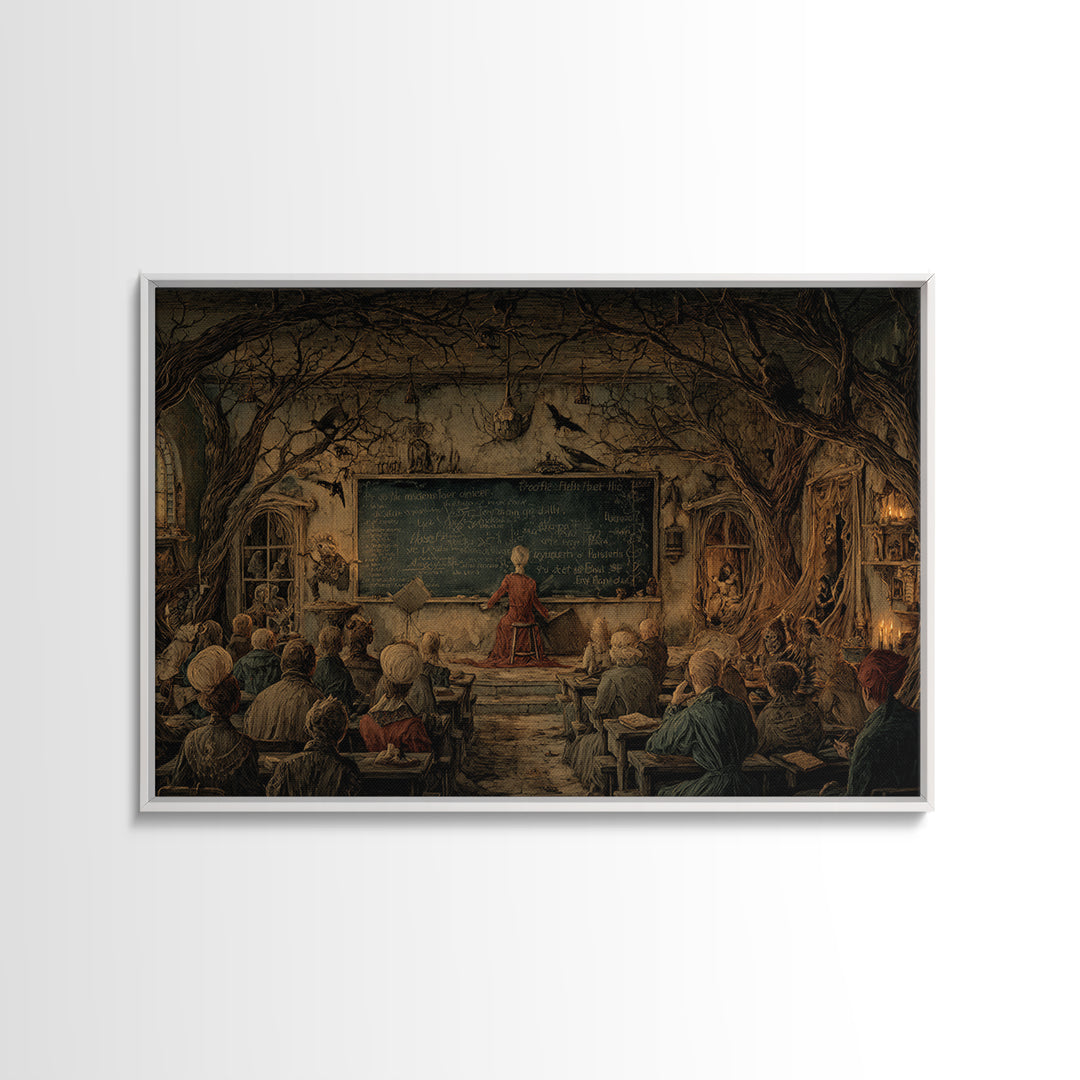 The Silent Schoolhouse, Medieval Grotesque Art, Landscape Wall Art, Gothic Horror Wall Art, Framed Canvas Print, Halloween Wall Art