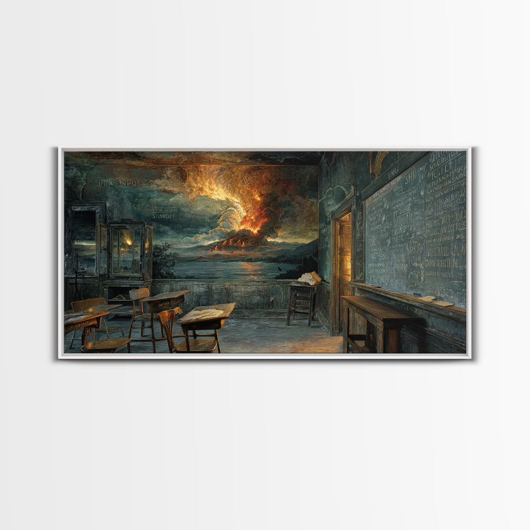 The Silent Schoolhouse, Apocalyptic Romantic Art, Wide Panoramic Art, Dark Halloween Decor, Framed Canvas Print, Halloween Wall Art