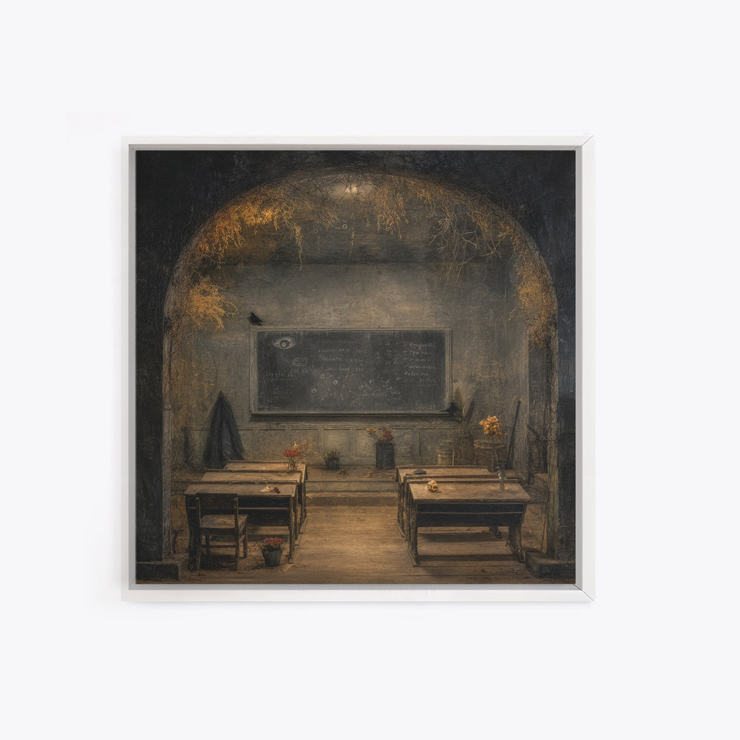 The Silent Schoolhouse, Symbolist Dream Art, Square Wall Art, Dark Halloween Decor, Framed Canvas Print, Halloween Wall Art