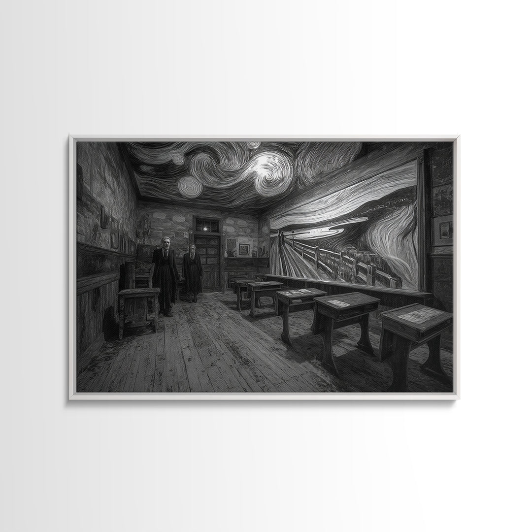 The Silent Schoolhouse, Expressionist Gothic Art, Landscape Wall Art, Dark Halloween Decor, Framed Canvas Print, Halloween Wall Art
