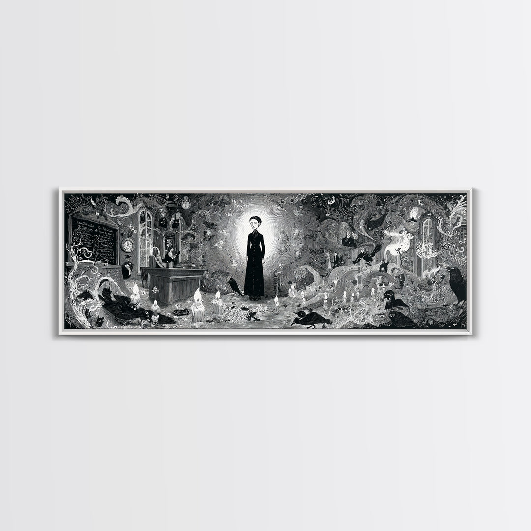 The Silent Schoolhouse, Decadent Line Art, Extra Wide Wall Art, Macabre Wall Art, Canvas Print, Halloween Wall Art