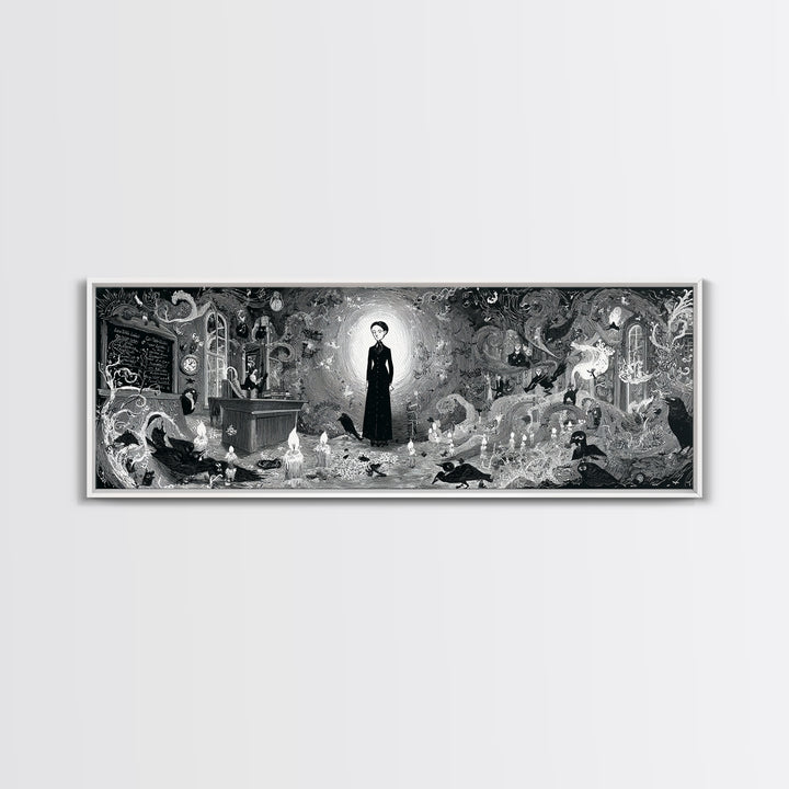 The Silent Schoolhouse, Decadent Line Art, Extra Wide Wall Art, Macabre Wall Art, Canvas Print, Halloween Wall Art
