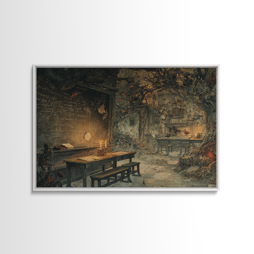The Silent Schoolhouse, Gothic Storybook Art, Landscape Wall Art, Gothic Horror Wall Art, Framed Canvas Print, Halloween Wall Art