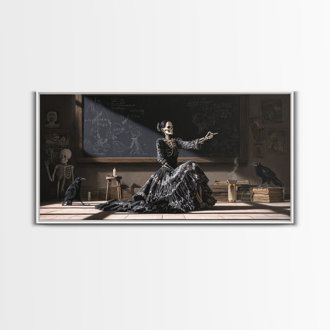 The Silent Schoolhouse, Macabre Folk Print Art, Wide Panoramic Art, Dark Halloween Decor, Framed Canvas Print, Macabre Wall Art