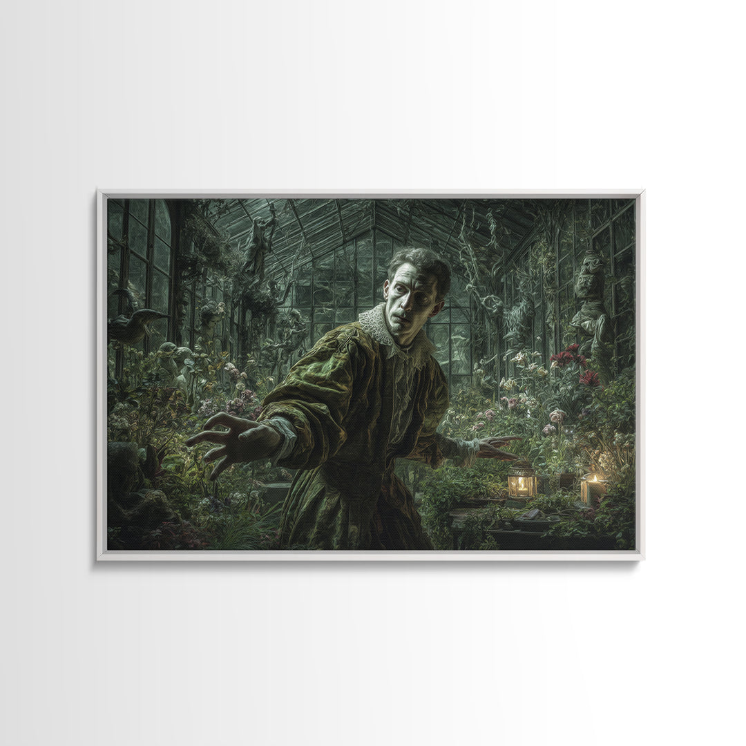 The Cemetery Greenhouse, Medieval Grotesque Art, Landscape Wall Art, Macabre Wall Art, Framed Canvas Print, Halloween Wall Art