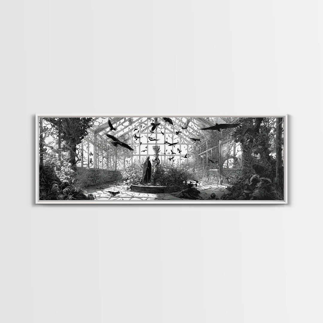 The Cemetery Greenhouse, Renaissance Engraving Art, Extra Wide Wall Art, Dark Fantasy Wall Art, Canvas Print, Halloween Wall Art