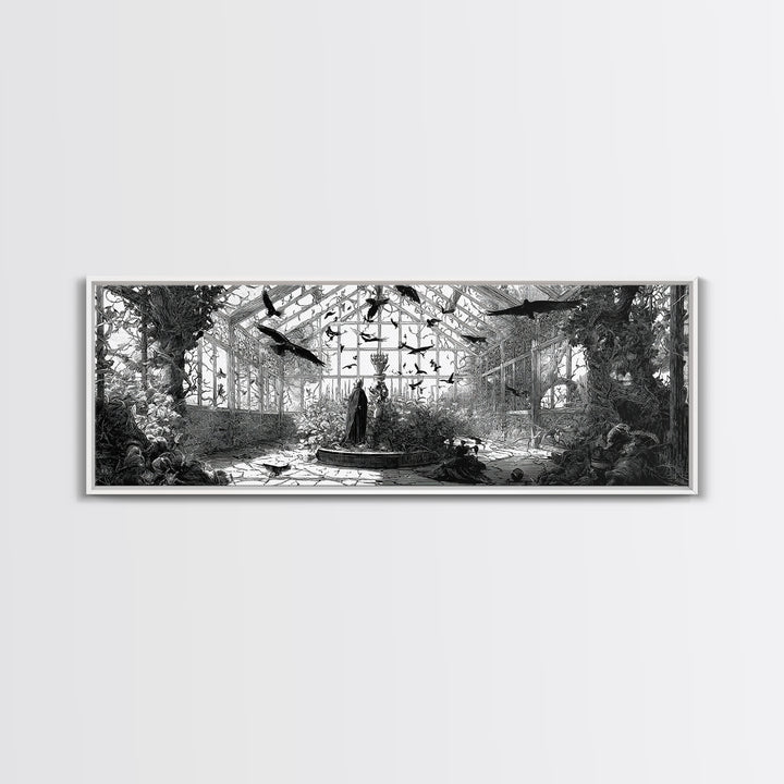 The Cemetery Greenhouse, Renaissance Engraving Art, Extra Wide Wall Art, Dark Fantasy Wall Art, Canvas Print, Halloween Wall Art