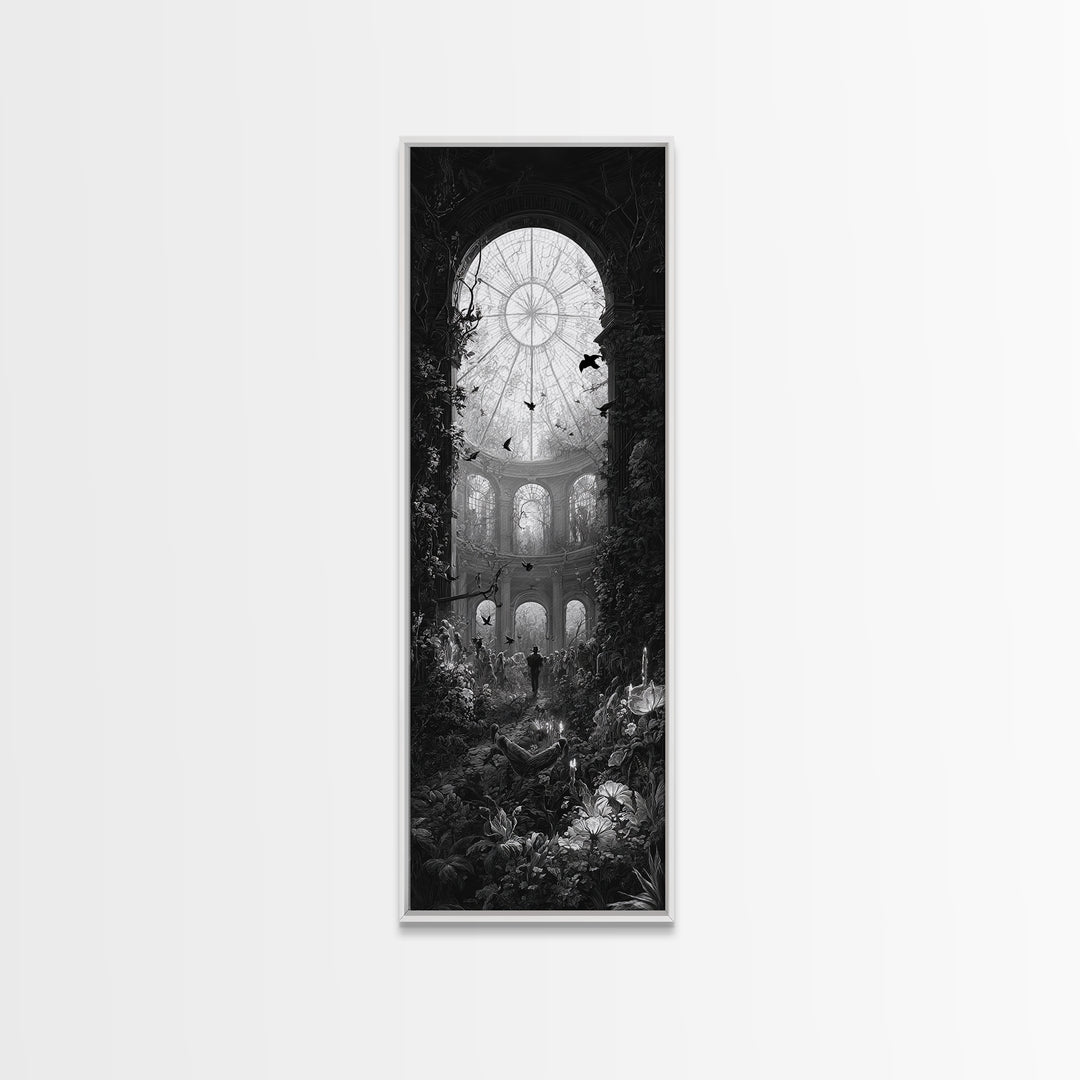 The Cemetery Greenhouse, Architectural Etching Art, Tall Narrow Wall Art, Dark Halloween Decor, Framed Canvas Print