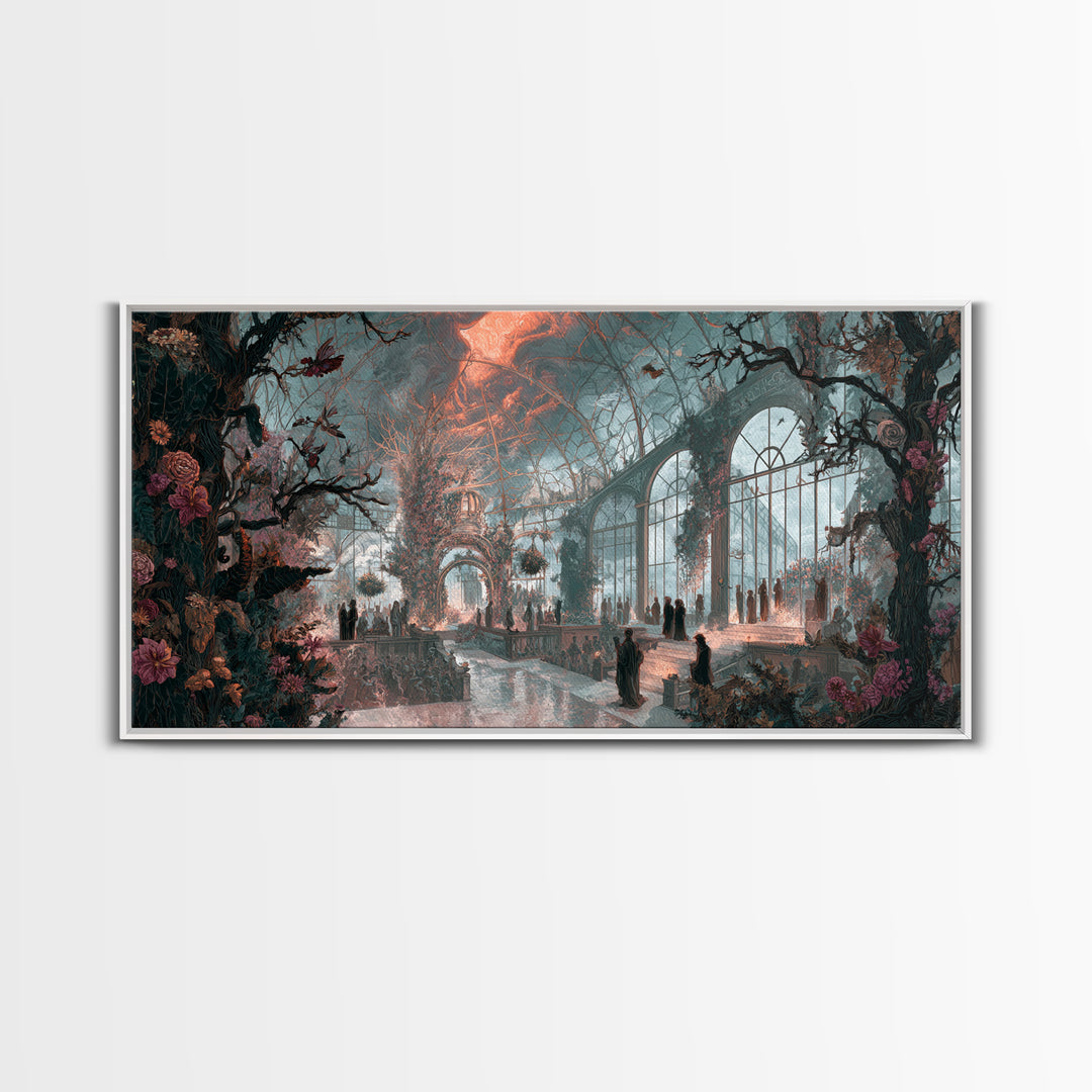 The Cemetery Greenhouse, Apocalyptic Romantic Art, Wide Panoramic Art, Macabre Wall Art, Canvas Print, Halloween Wall Art