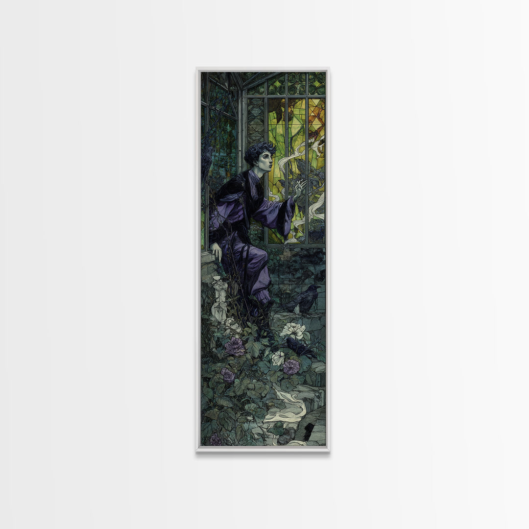 The Cemetery Greenhouse, Stained Glass Gothic Art, Tall Narrow Wall Art, Dark Halloween Decor, Framed Canvas Print, Halloween Wall Art
