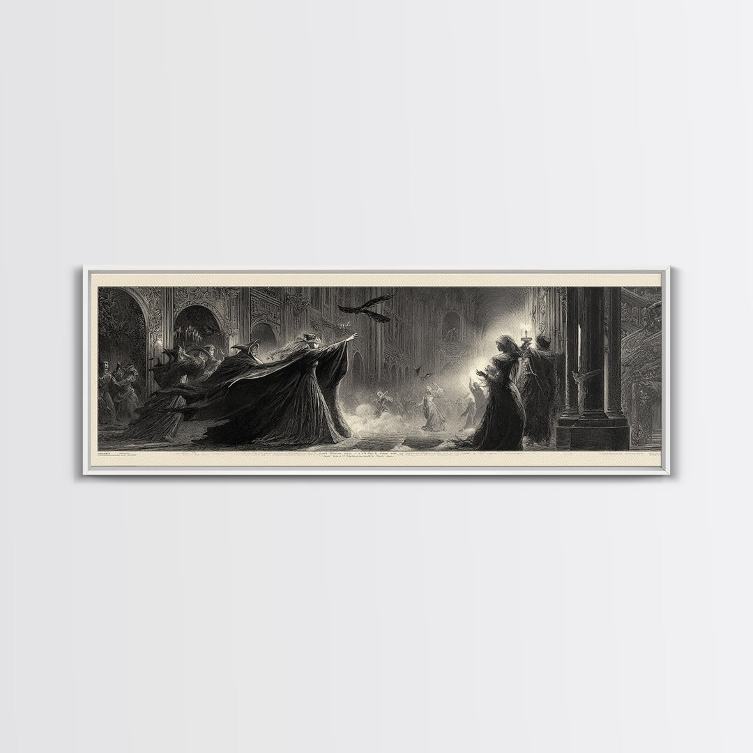 The Midnight Masquerade, Gothic Engraving Art, Extra Wide Wall Art, Dark Fantasy Wall Art, Canvas Print, Halloween Wall Art