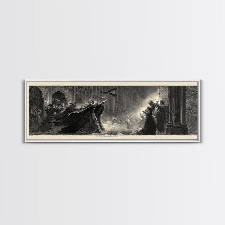 The Midnight Masquerade, Gothic Engraving Art, Extra Wide Wall Art, Dark Fantasy Wall Art, Canvas Print, Halloween Wall Art