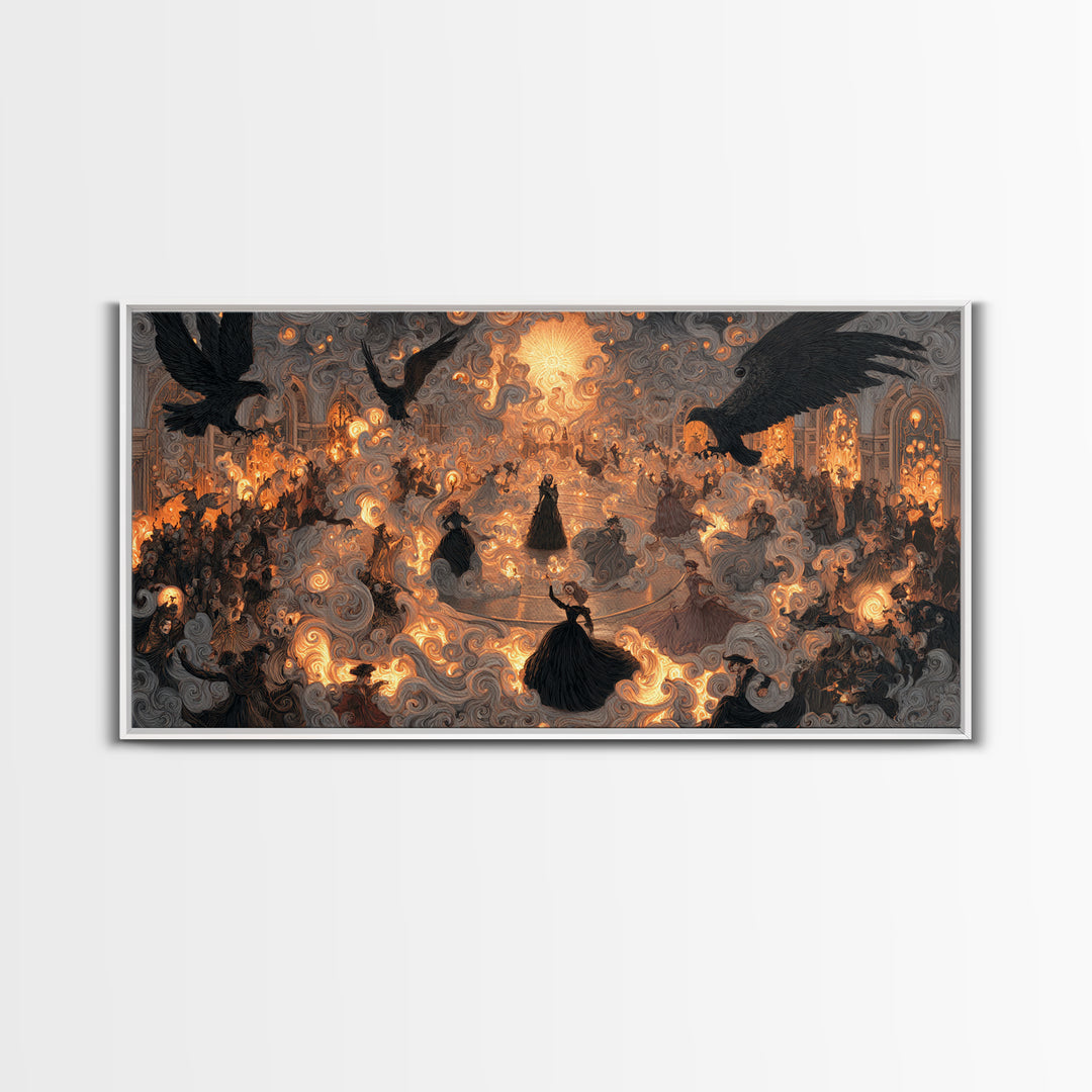 The Midnight Masquerade, Visionary Gothic Art, Wide Panoramic Art, Gothic Horror Wall Art, Framed Canvas Print, Halloween Wall Art