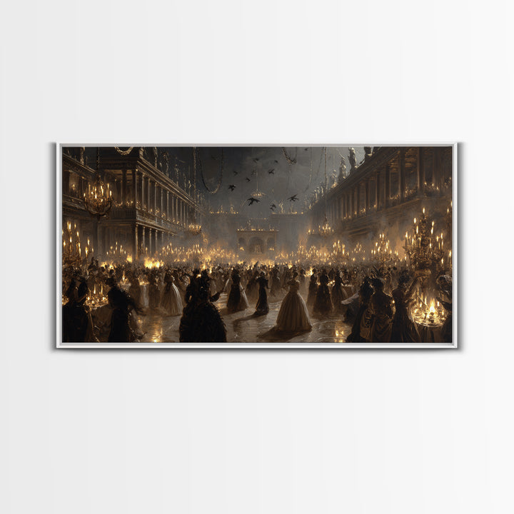 The Midnight Masquerade, Architectural Etching Art, Wide Panoramic Art, Macabre Wall Art, Canvas Print, Halloween Wall Art