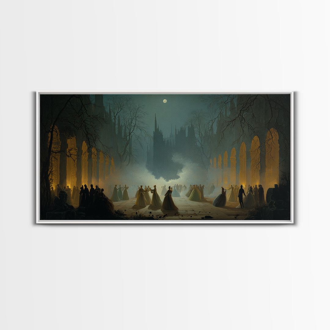 The Midnight Masquerade, Romantic Gothic Landscape, Wide Panoramic Art, Dark Fantasy Wall Art, Canvas Print, Halloween Wall Art