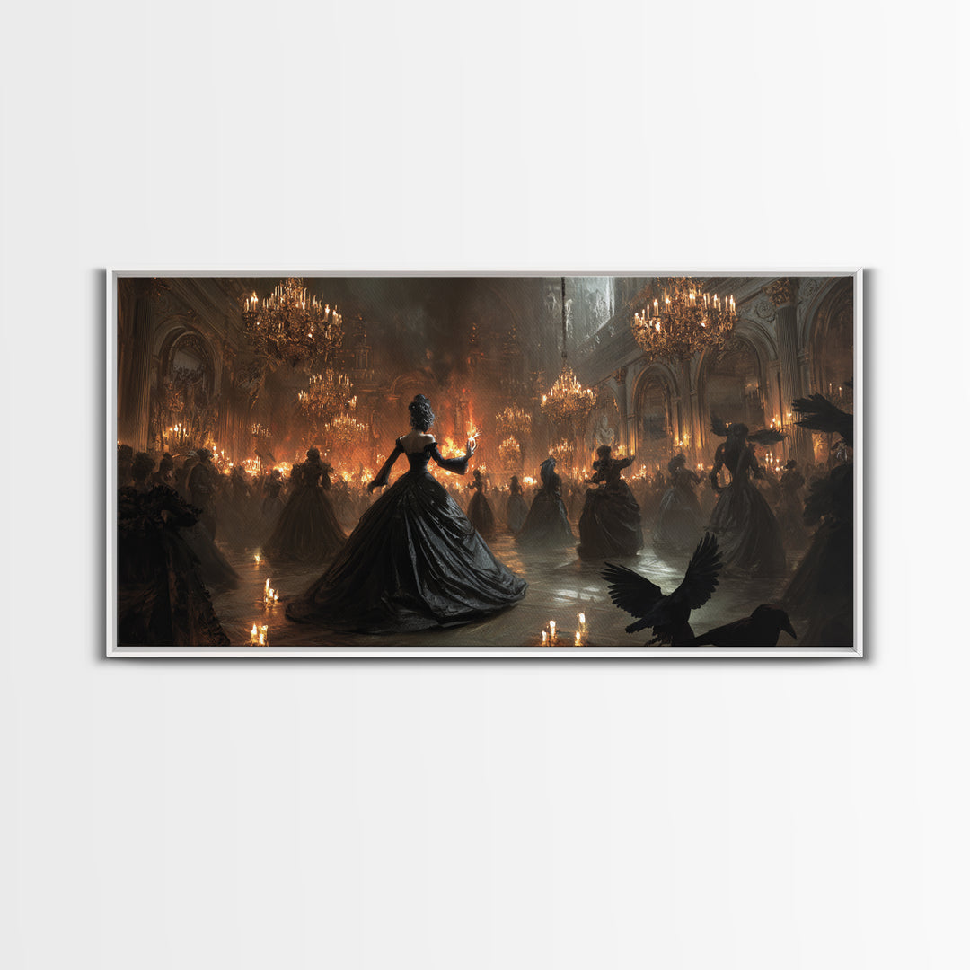 The Midnight Masquerade, Apocalyptic Romantic Art, Wide Panoramic Art, Gothic Horror Wall Art, Framed Canvas Print, Halloween Wall Art