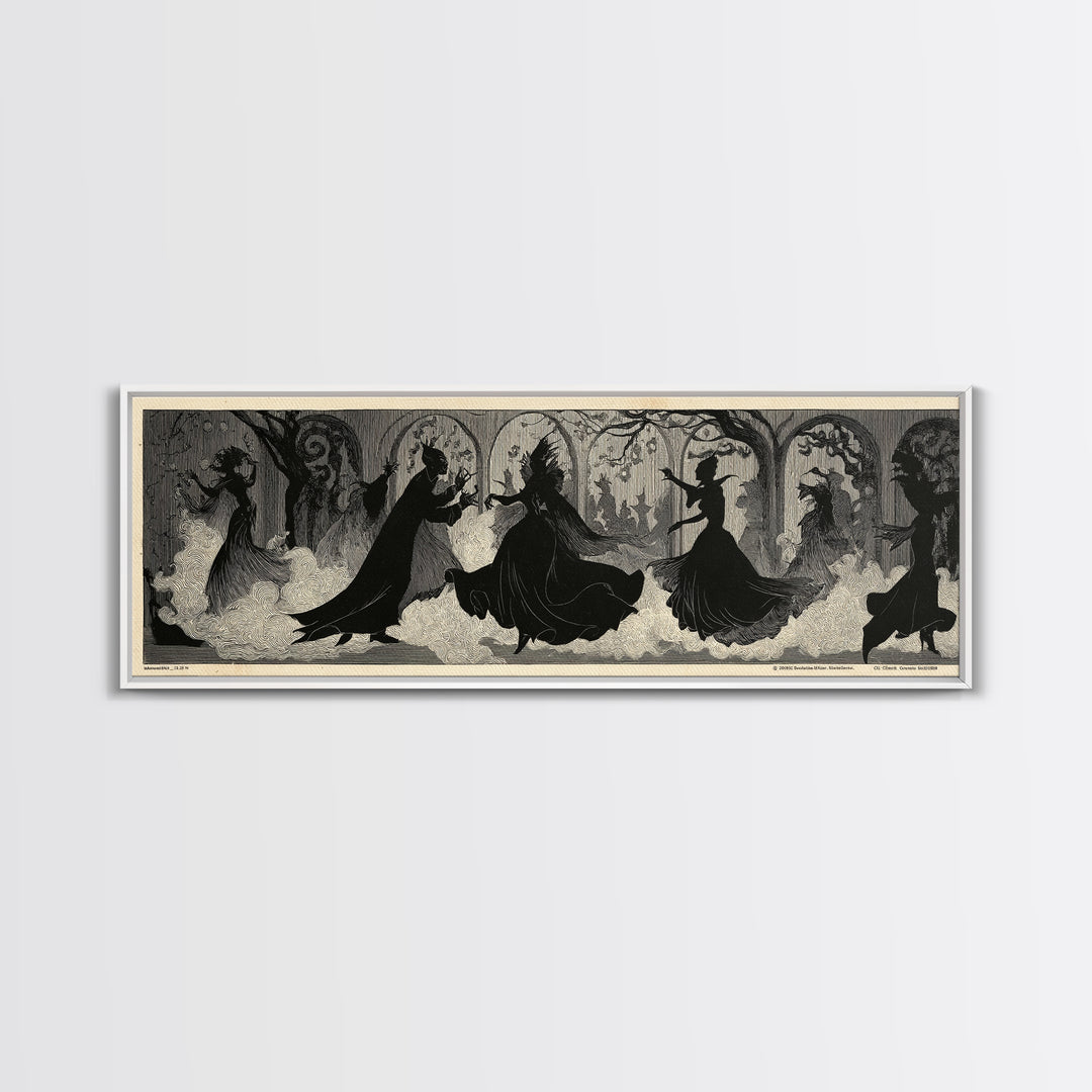 The Midnight Masquerade, Decadent Line Art, Extra Wide Wall Art, Macabre Wall Art, Framed Canvas Print, Halloween Wall Art