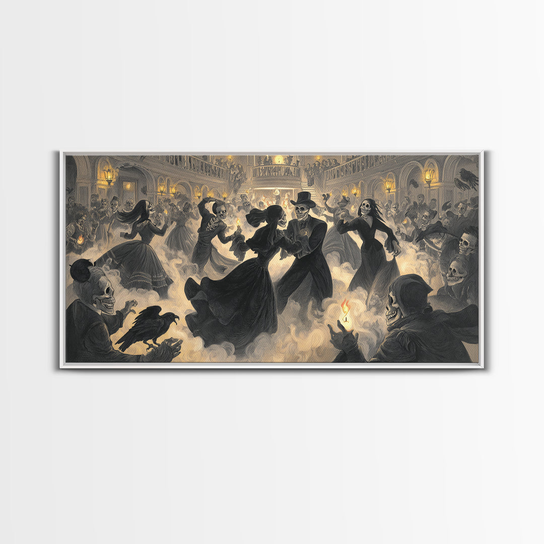 The Midnight Masquerade, Macabre Folk Print Art, Wide Panoramic Art, Gothic Horror Wall Art, Framed Canvas Print