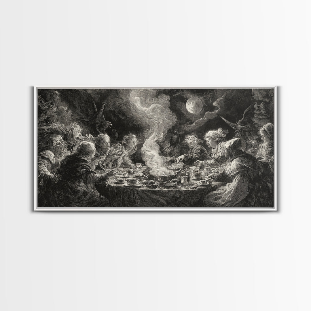 The Witches' Tea Party, Baroque Witchcraft Art, Wide Panoramic Art, Dark Halloween Decor, Canvas Print, Halloween Wall Art