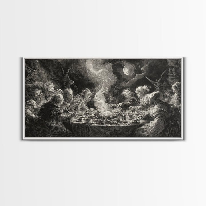 The Witches' Tea Party, Baroque Witchcraft Art, Wide Panoramic Art, Dark Halloween Decor, Canvas Print, Halloween Wall Art