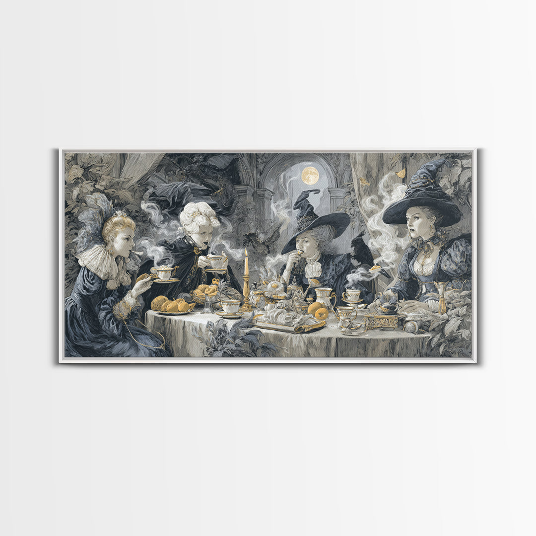 The Witches' Tea Party, Architectural Etching Art, Wide Panoramic Art, Dark Halloween Decor, Canvas Print, Halloween Wall Art