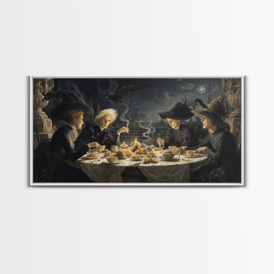 The Witches' Tea Party, Romantic Gothic Landscape, Wide Panoramic Art, Dark Fantasy Wall Art, Framed Canvas Print