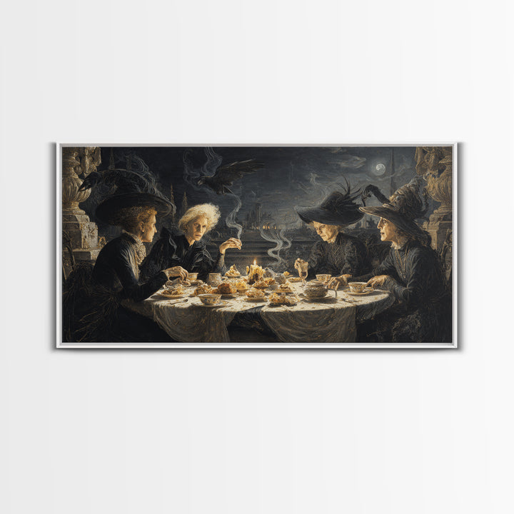The Witches' Tea Party, Romantic Gothic Landscape, Wide Panoramic Art, Dark Fantasy Wall Art, Framed Canvas Print